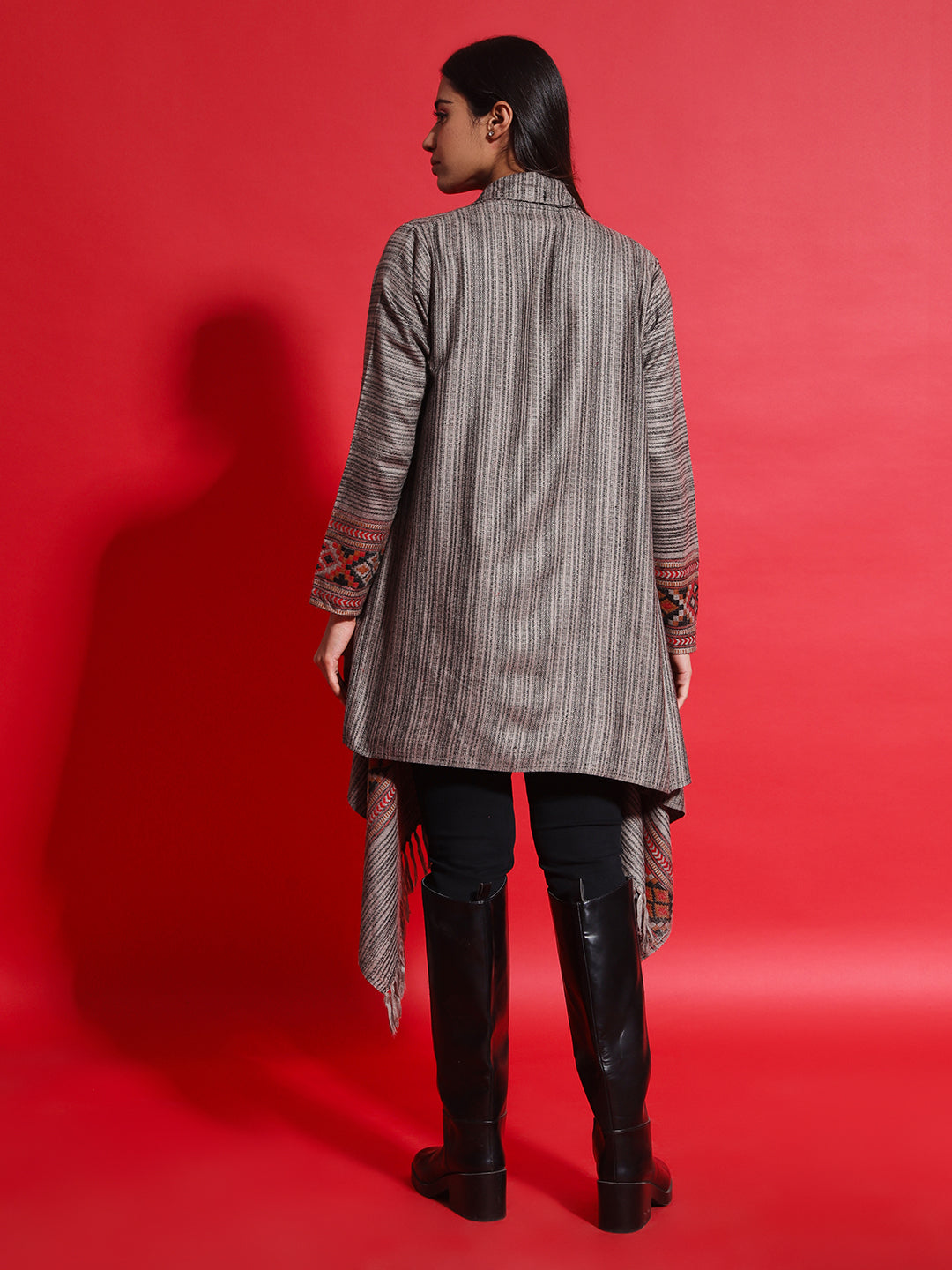 Women's Woven Full Sleeves Cape Shrug in Himalayan Stripes | Grey