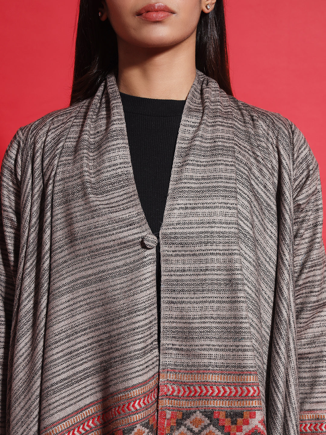 Women's Woven Full Sleeves Cape Shrug in Himalayan Stripes | Grey