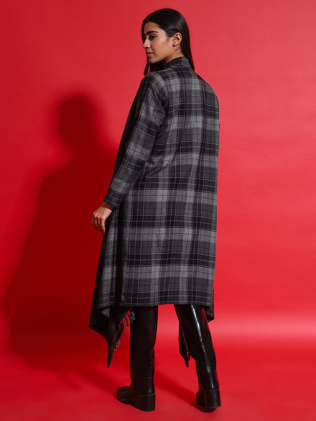 Women's Woven Full Sleeves Cape Shrug in Checked Pattern | Black