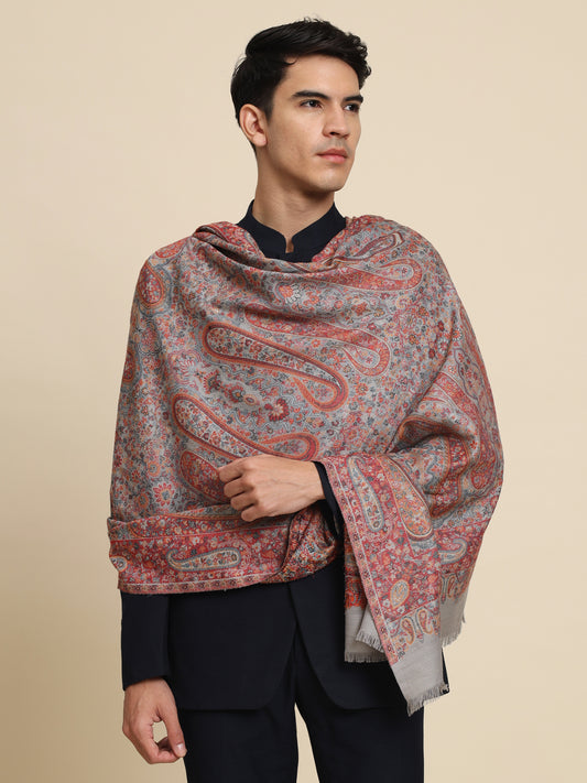 Kani Pure Wool Shawl for Men with Paisley Equisite Pattern | Grey