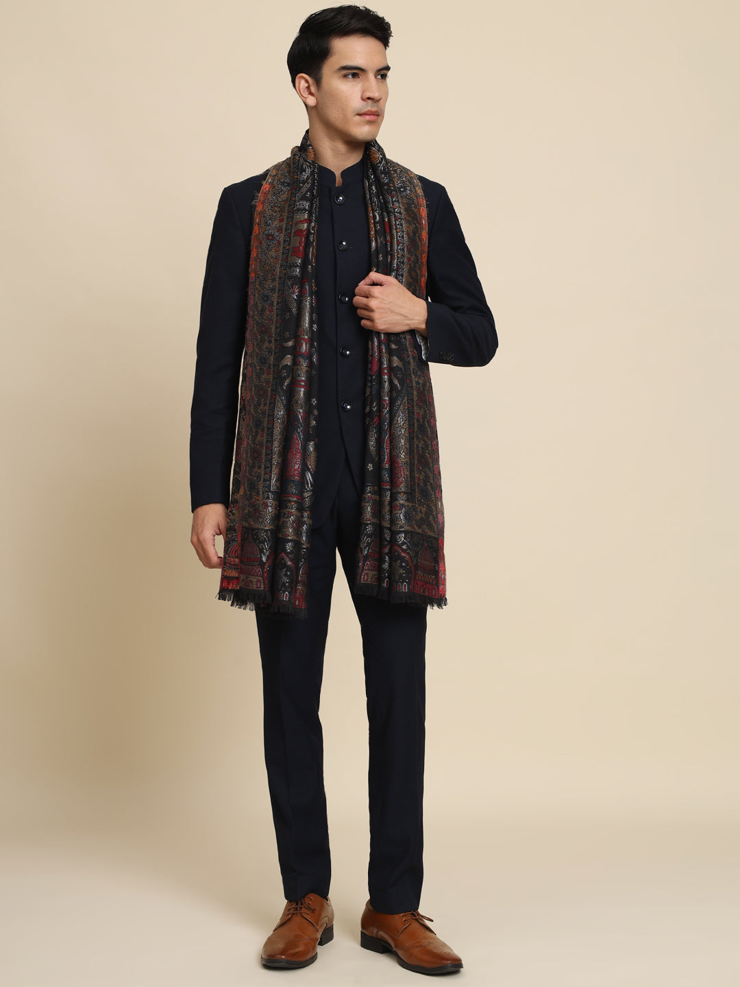 Kani Pure Wool Shawl for Men with Paisley Equisite Zari Pattern | Black