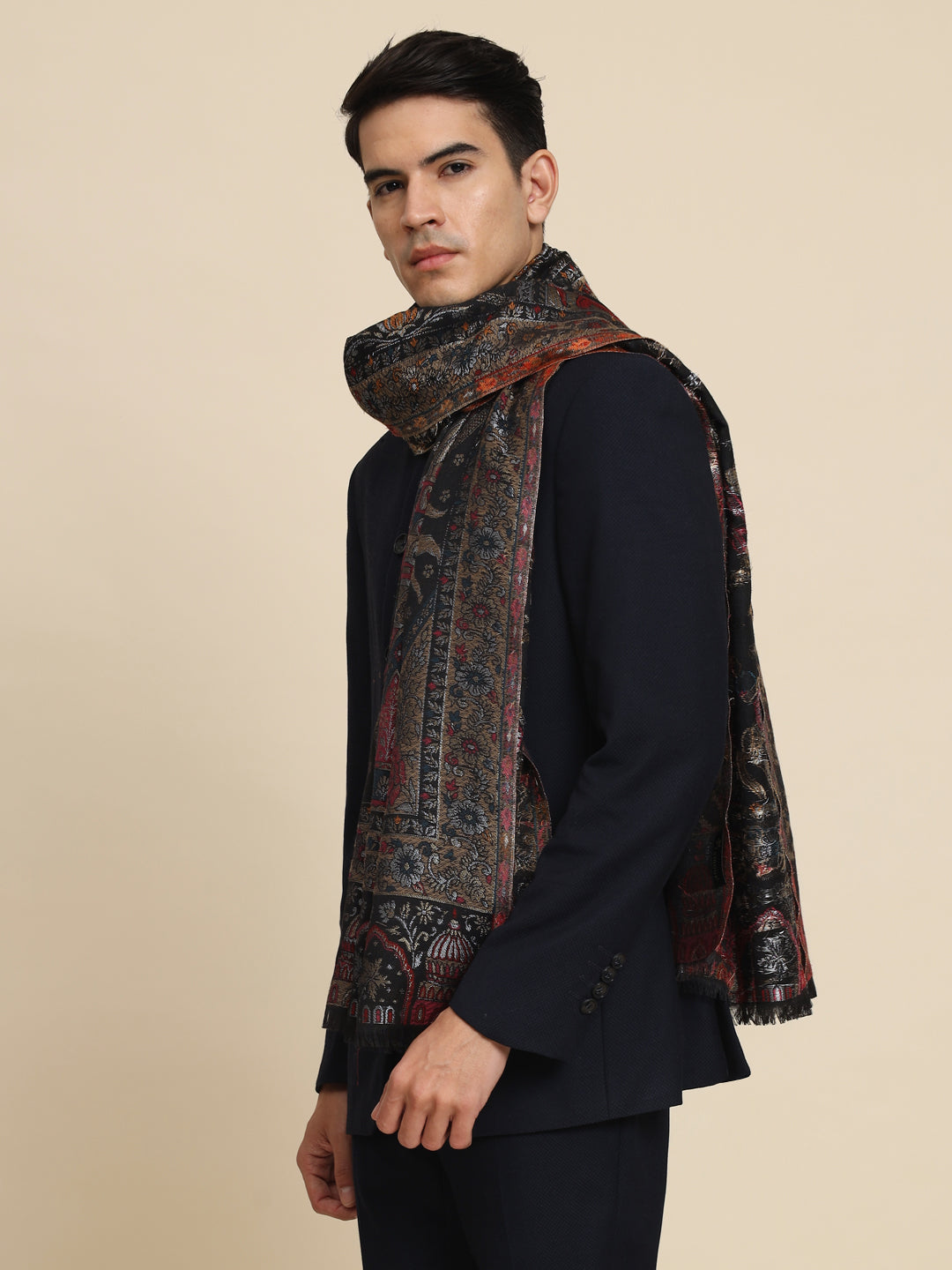 Kani Pure Wool Shawl for Men with Paisley Equisite Zari Pattern | Black