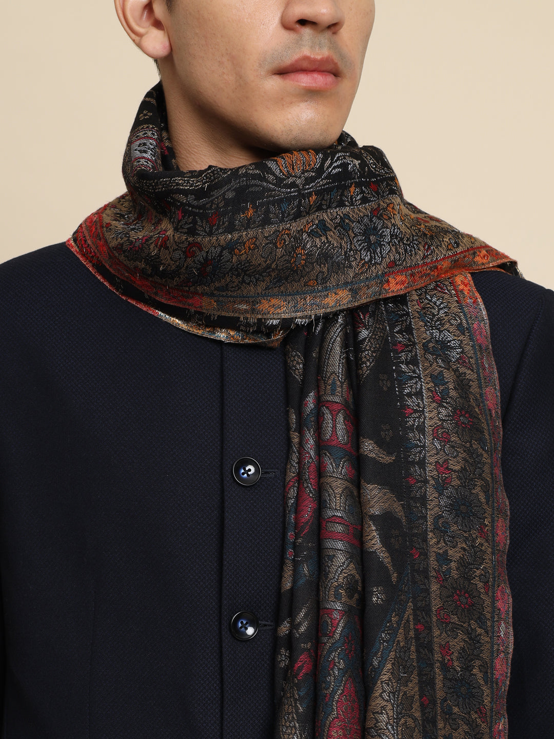 Kani Pure Wool Shawl for Men with Paisley Equisite Zari Pattern | Black