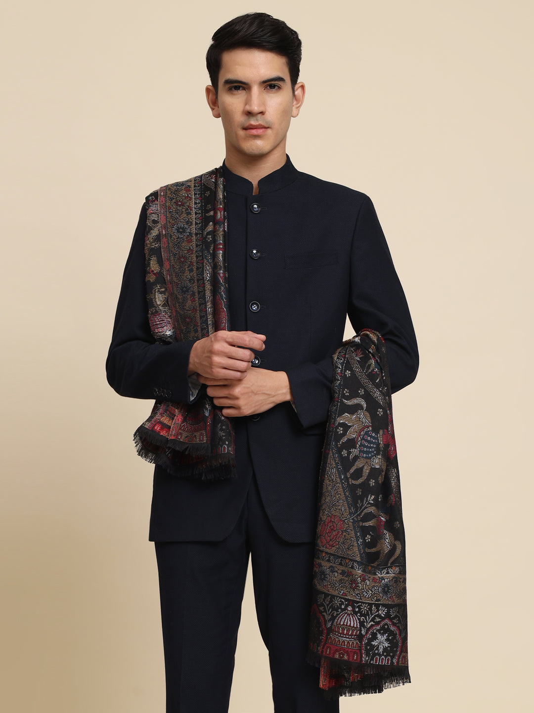 Kani Pure Wool Shawl for Men with Paisley Equisite Zari Pattern | Black