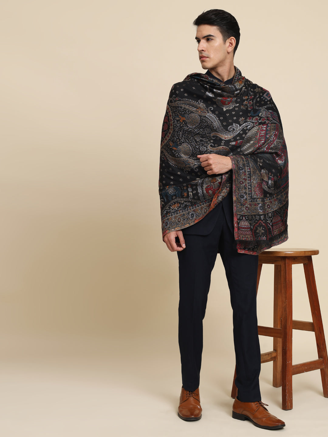 Kani Pure Wool Shawl for Men with Paisley Equisite Zari Pattern | Black