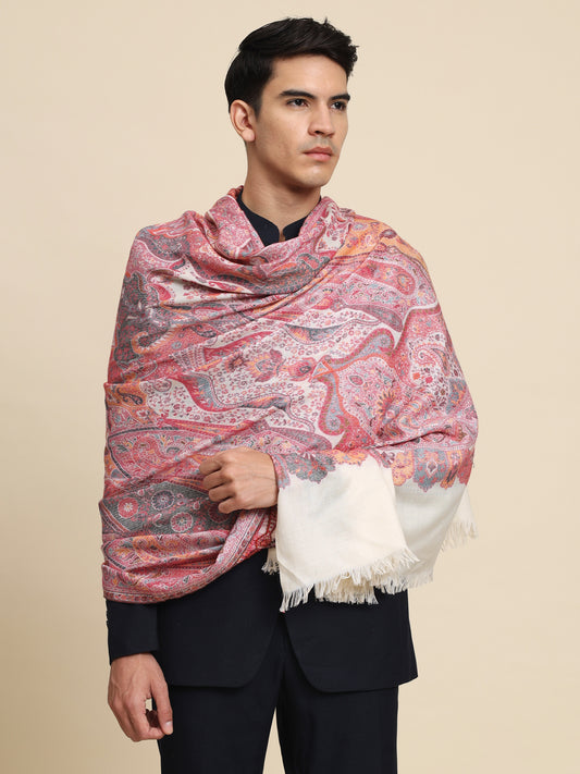 Kani Pure Wool Shawl for Men with Paisley Equisite Pattern | White