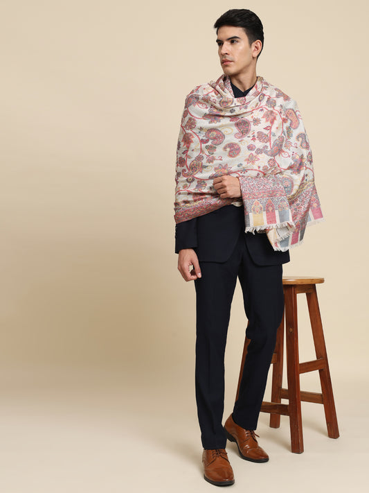 Kani Pure Wool Shawl for Men with Paisley Equisite Pattern | White