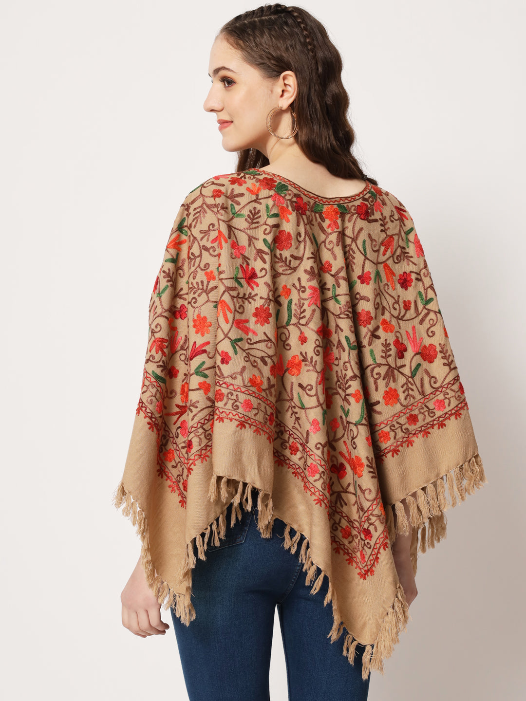 Woolen Kashmiri Poncho with Jaal Embroidery and Silk Lining | Brown