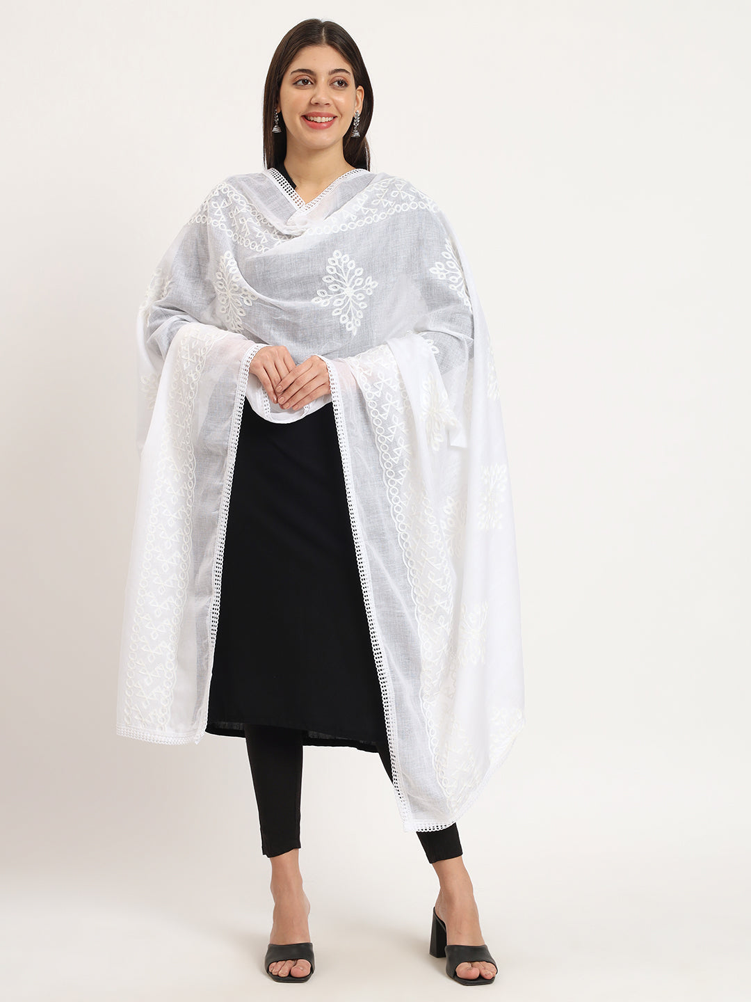 Women Floral Embroidery Pure Cotton Dupatta | White