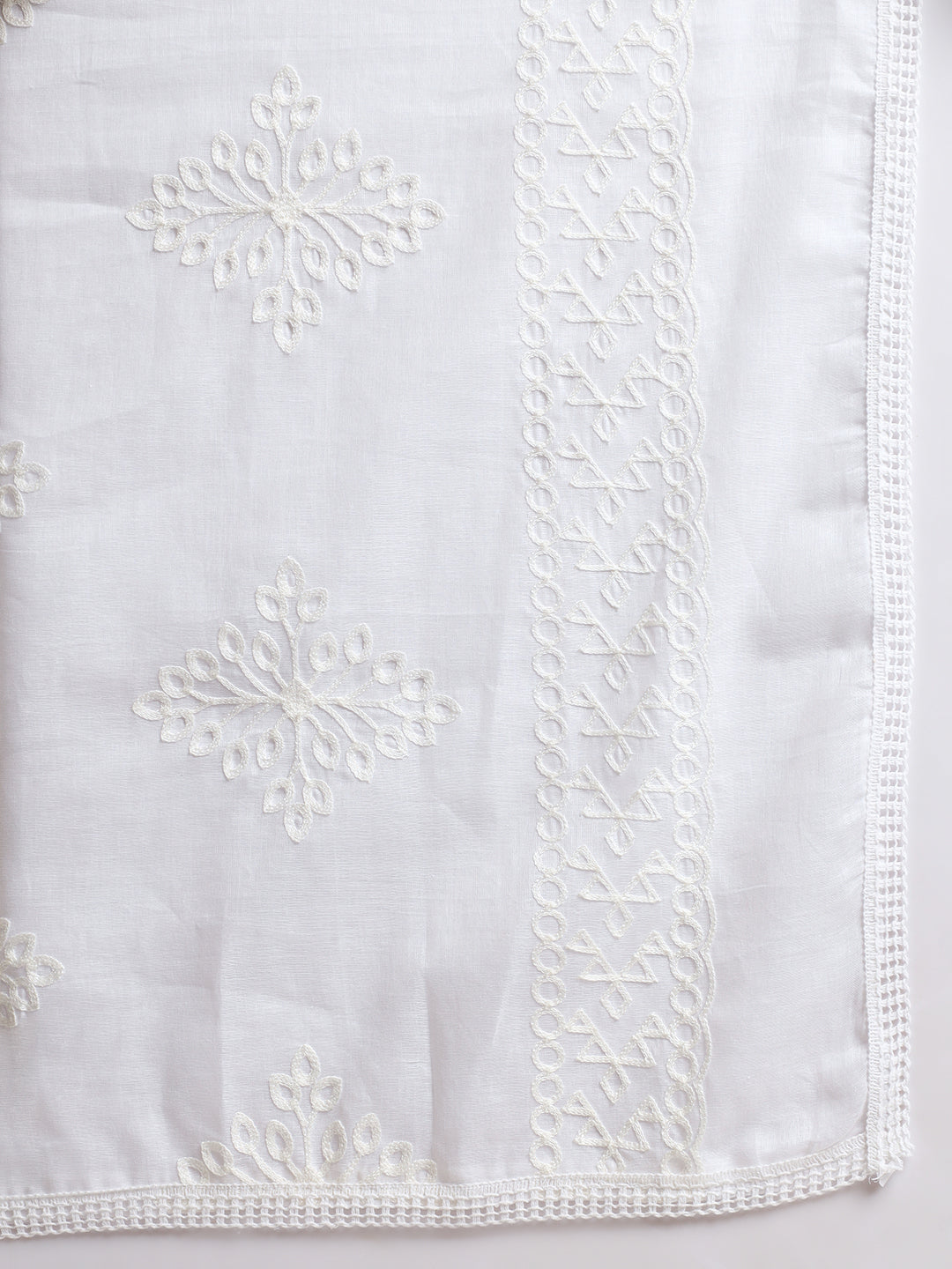 Women Floral Embroidery Pure Cotton Dupatta | White