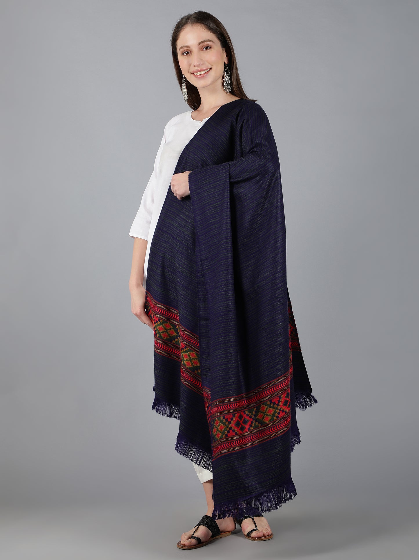 Kullu Himalayan Striped Border Shawl for Women | Blue