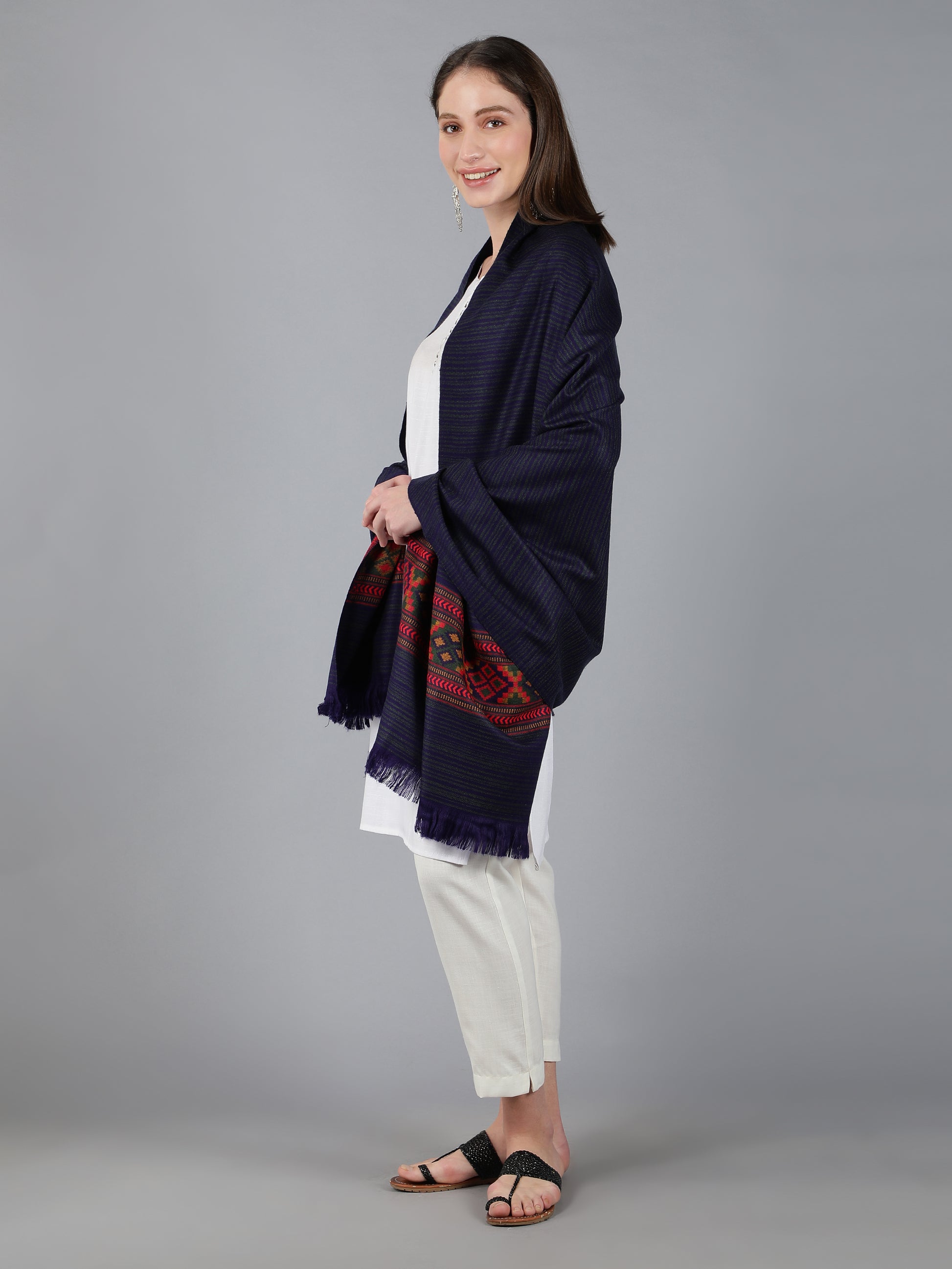 Kullu Himalayan Striped Border Shawl for Women | Blue