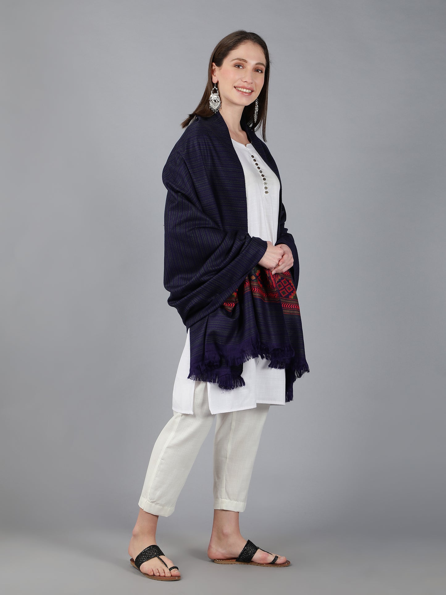 Kullu Himalayan Striped Border Shawl for Women | Blue