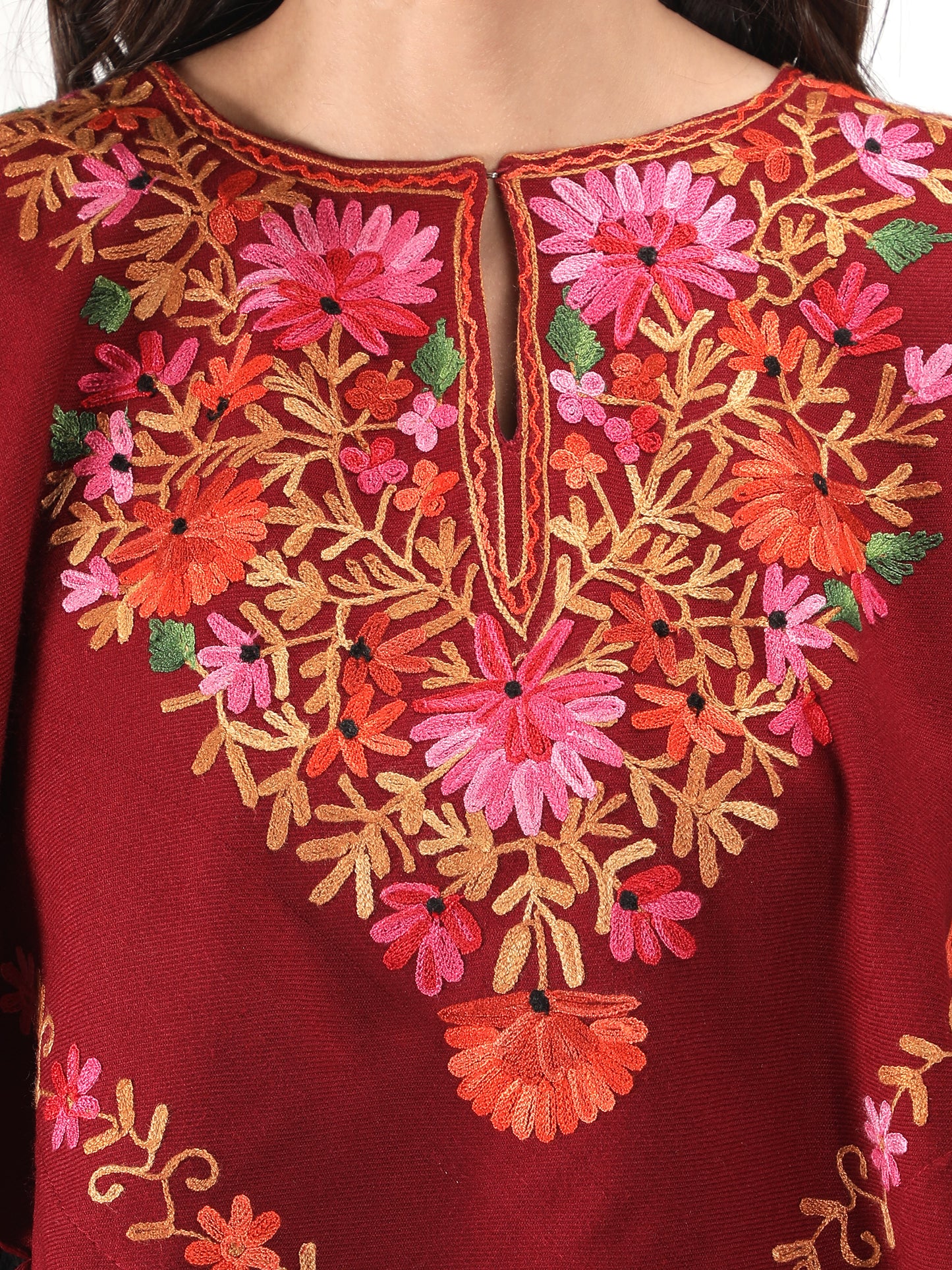 Woolen Poncho with Kashmiri Embroidery and Silk Lining | Maroon