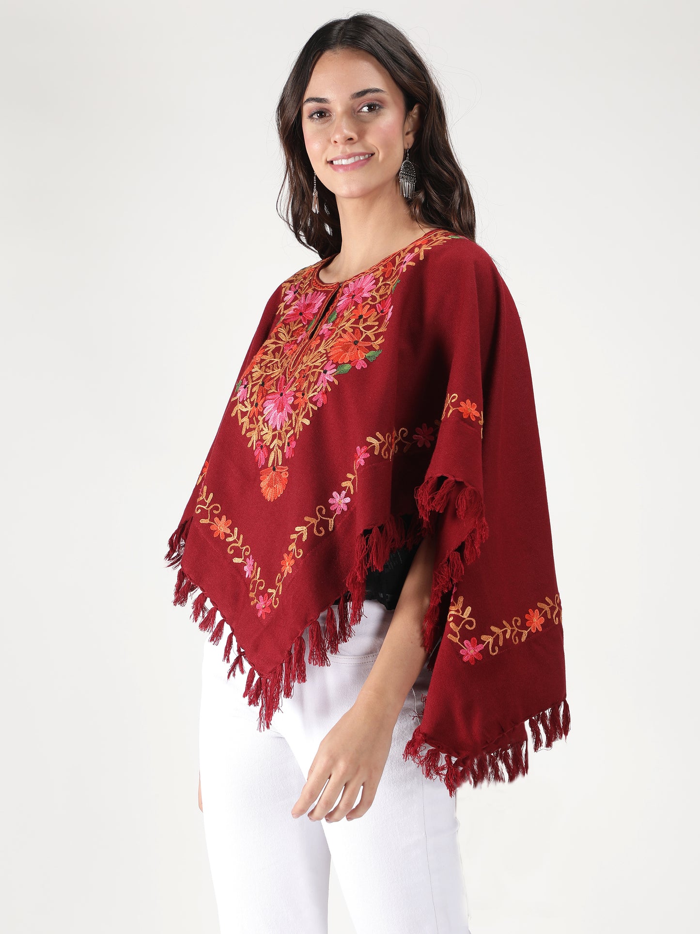Woolen Poncho with Kashmiri Embroidery and Silk Lining | Maroon