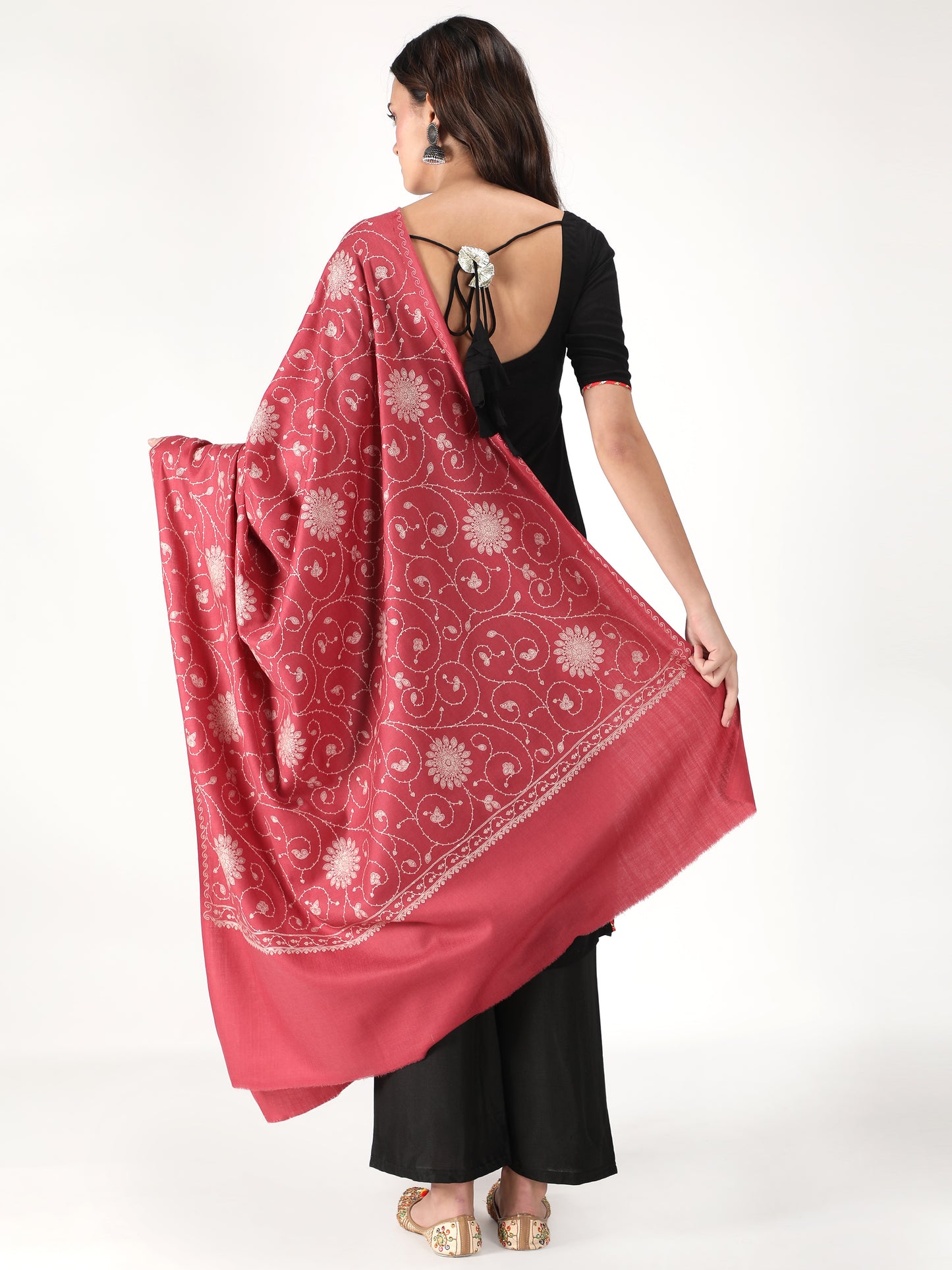 Fine Embroidery Paper Mache Kashmiri Wool Shawl | Red