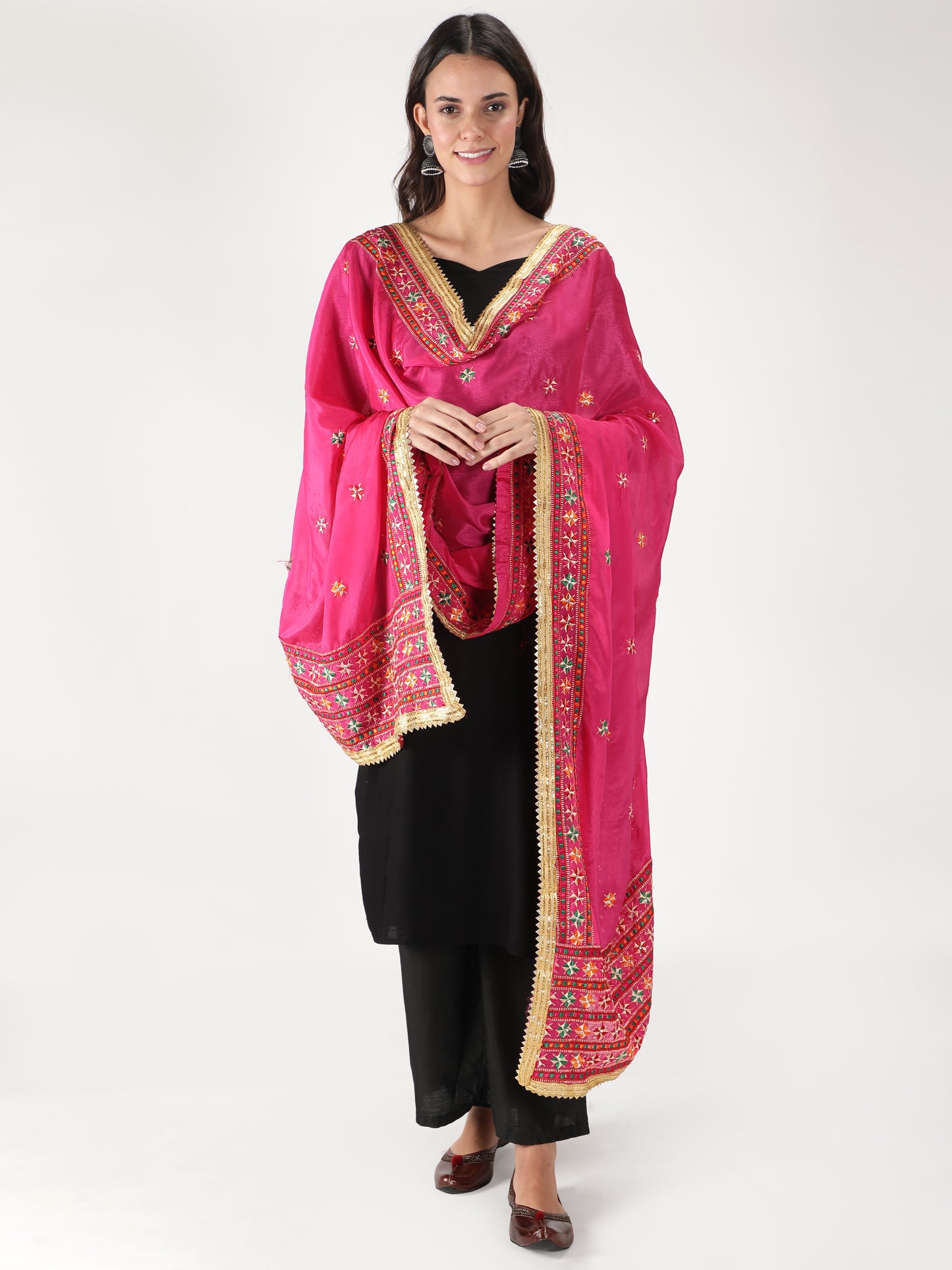 Punjabi Phulkari Dupatta with Heavy Embroidery Border | Pink