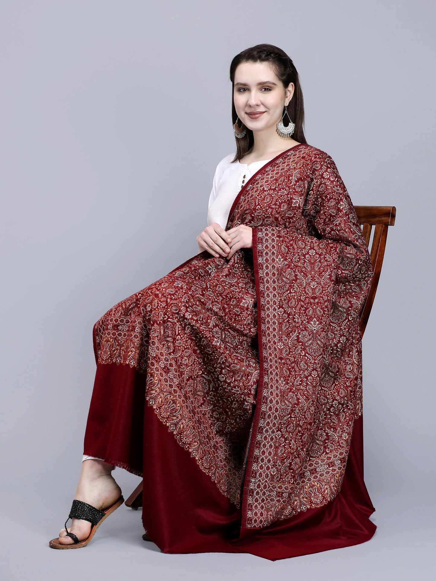 Women Jacquard Design Woven Shawl | Maroon