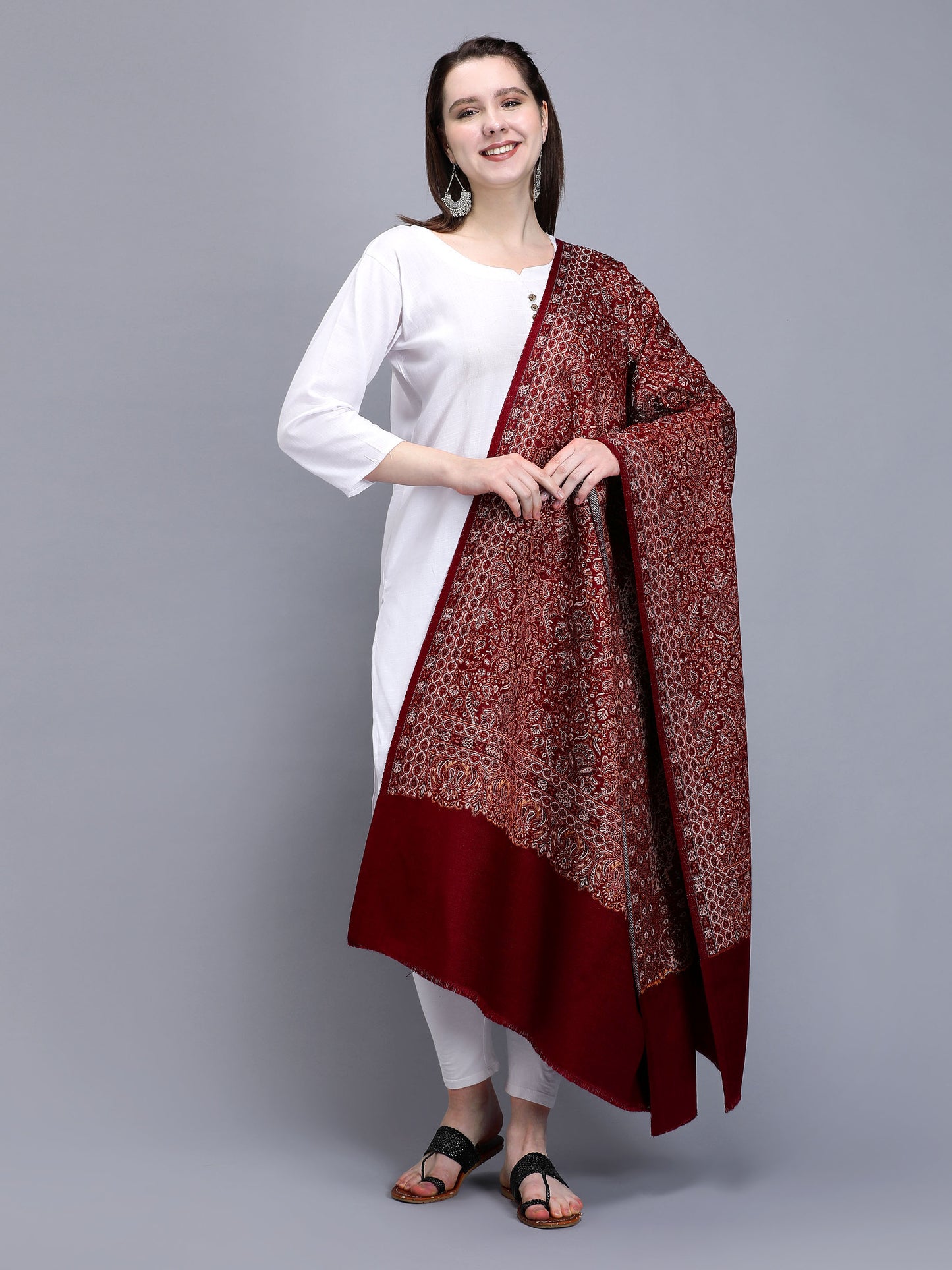Women Jacquard Design Woven Shawl | Maroon