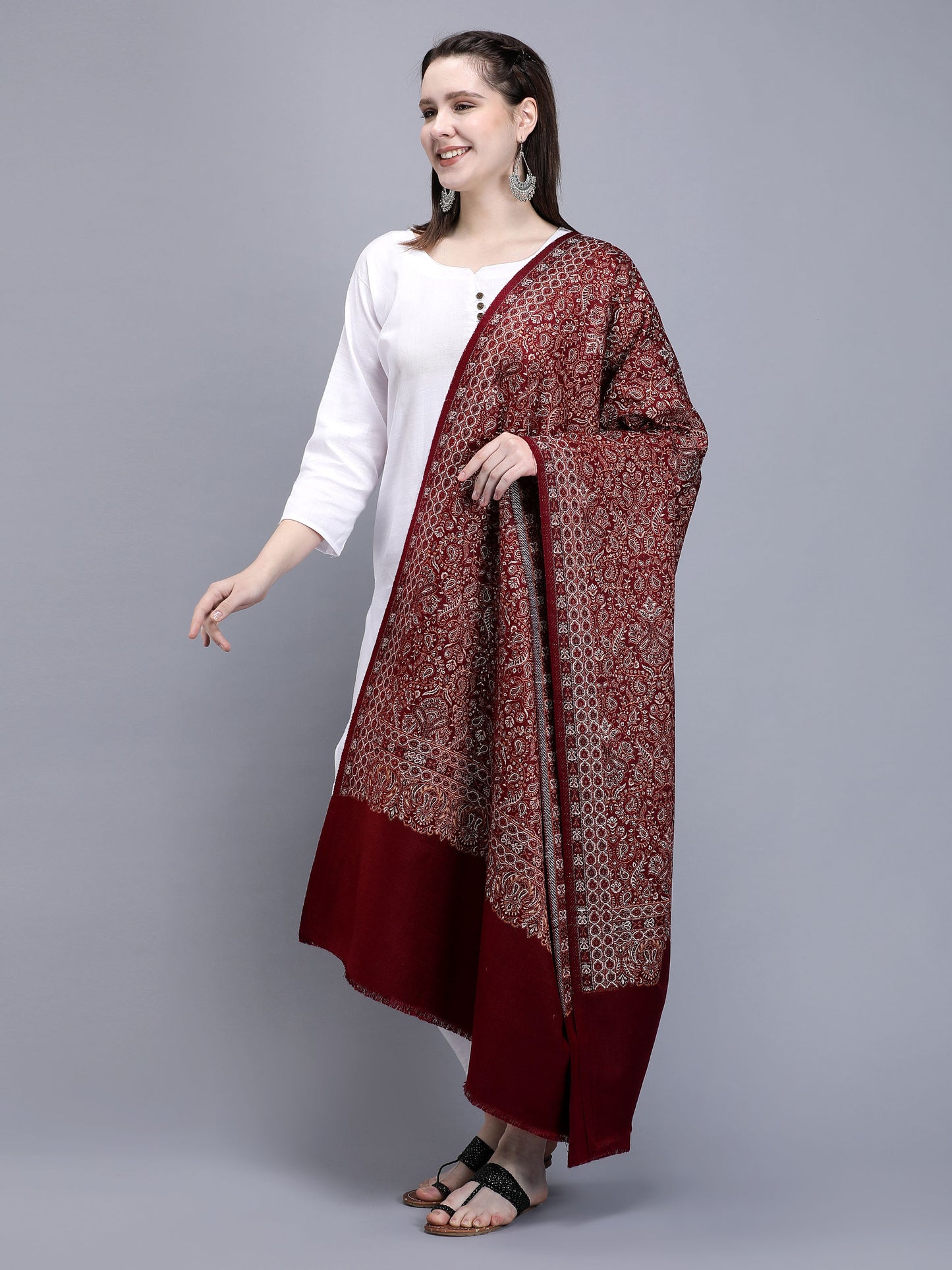 Women Jacquard Design Woven Shawl | Maroon