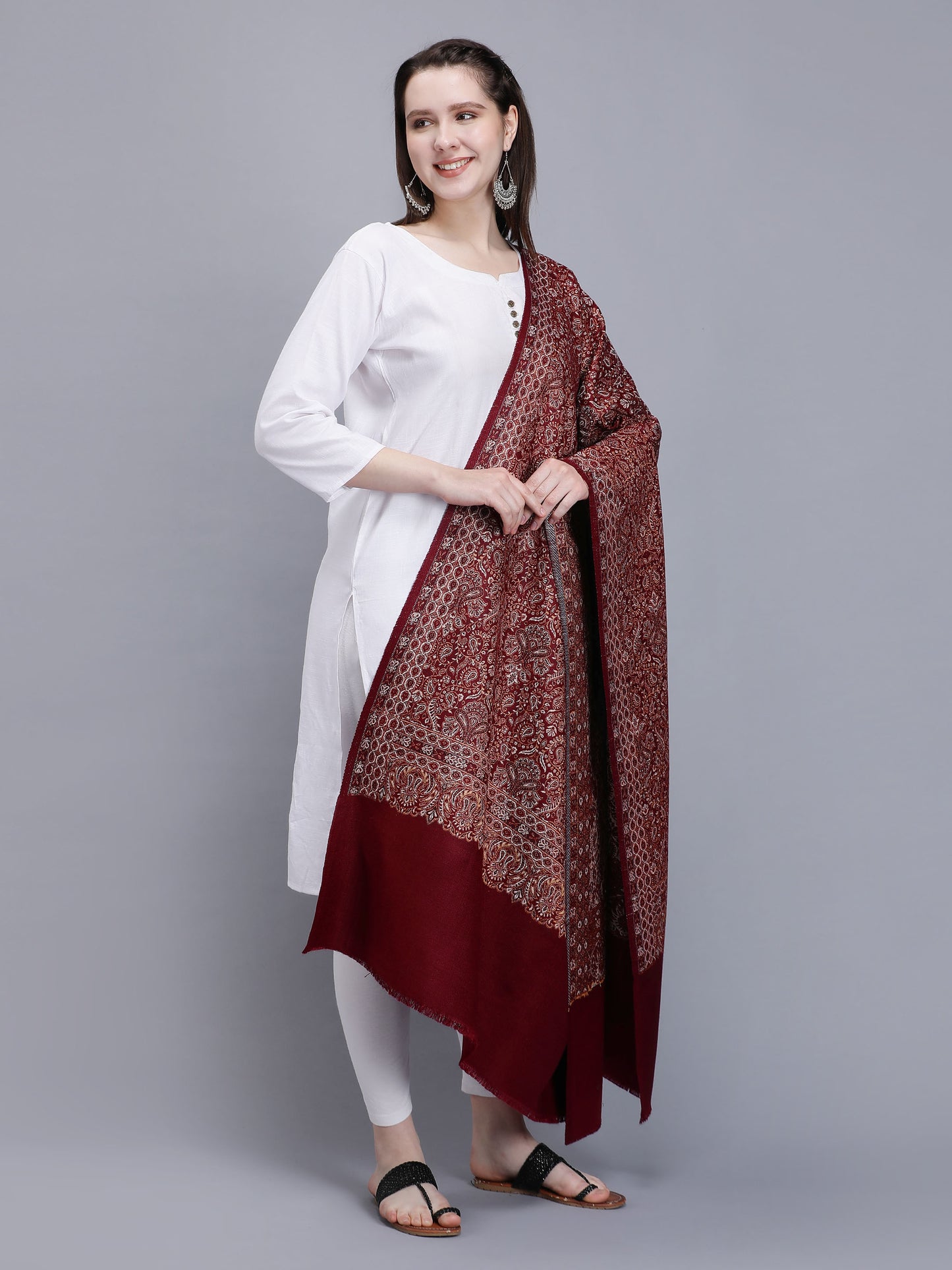 Women Jacquard Design Woven Shawl | Maroon