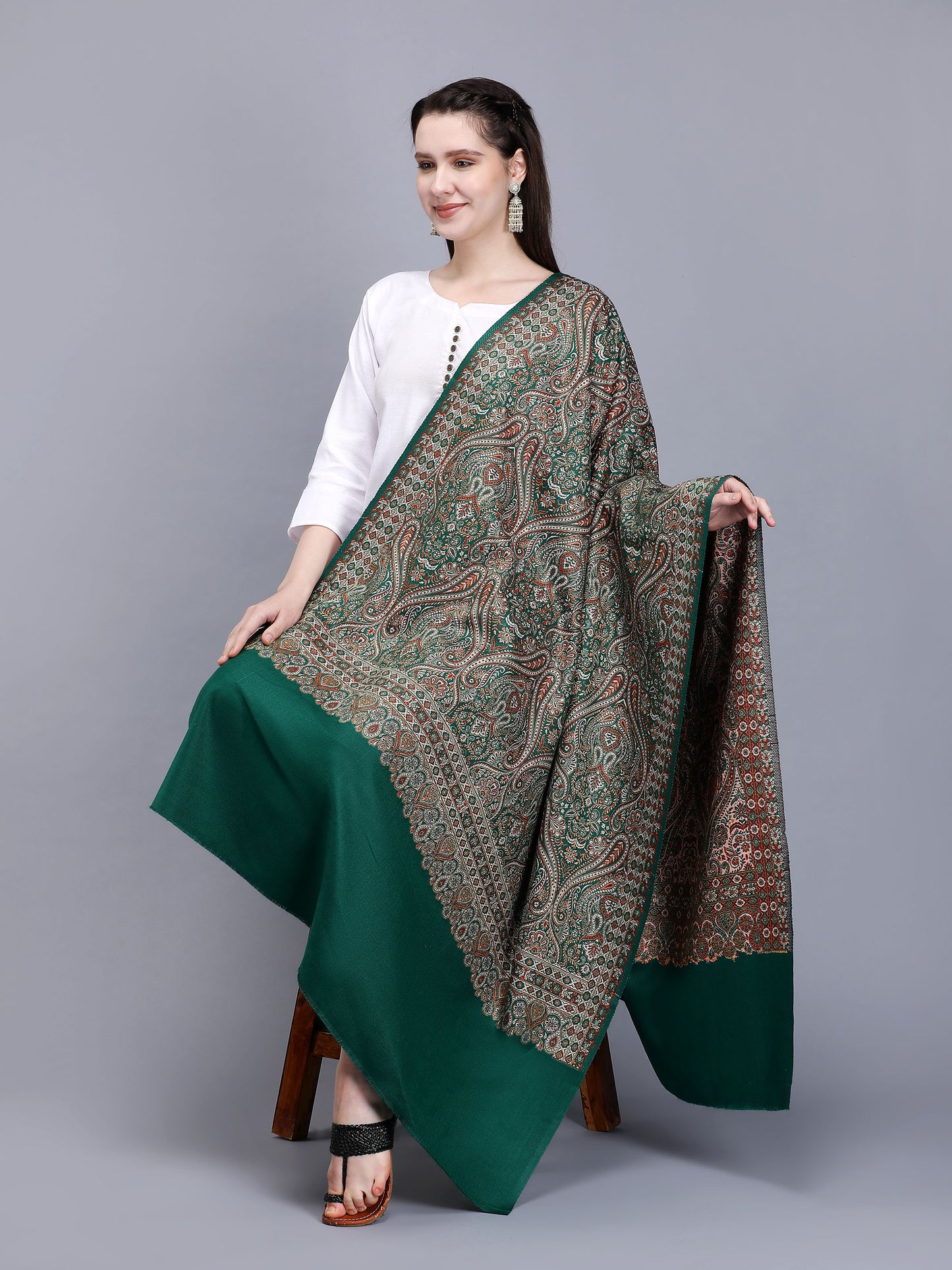 Women Jacquard Design Woven Shawl | Green