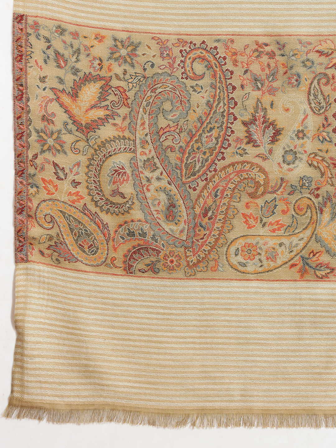 Kani Weave Striped Pure Wool Shawl Paisley Borders for Women | Brown