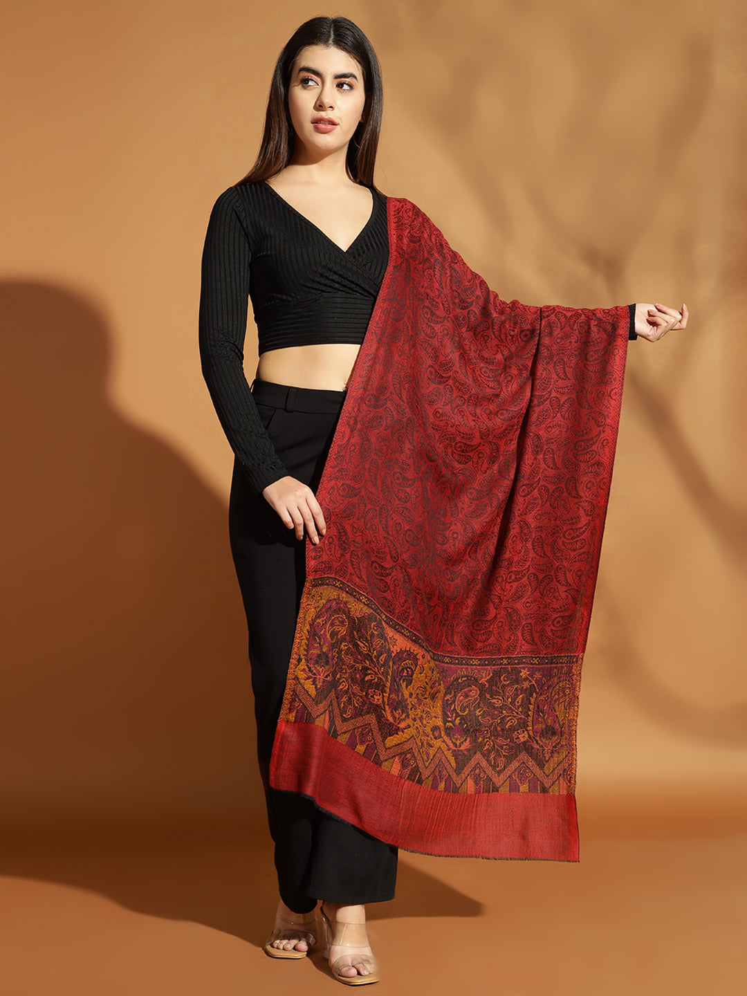 Women Pure Wool Kani Weave Soft Touch Stole | Maroon