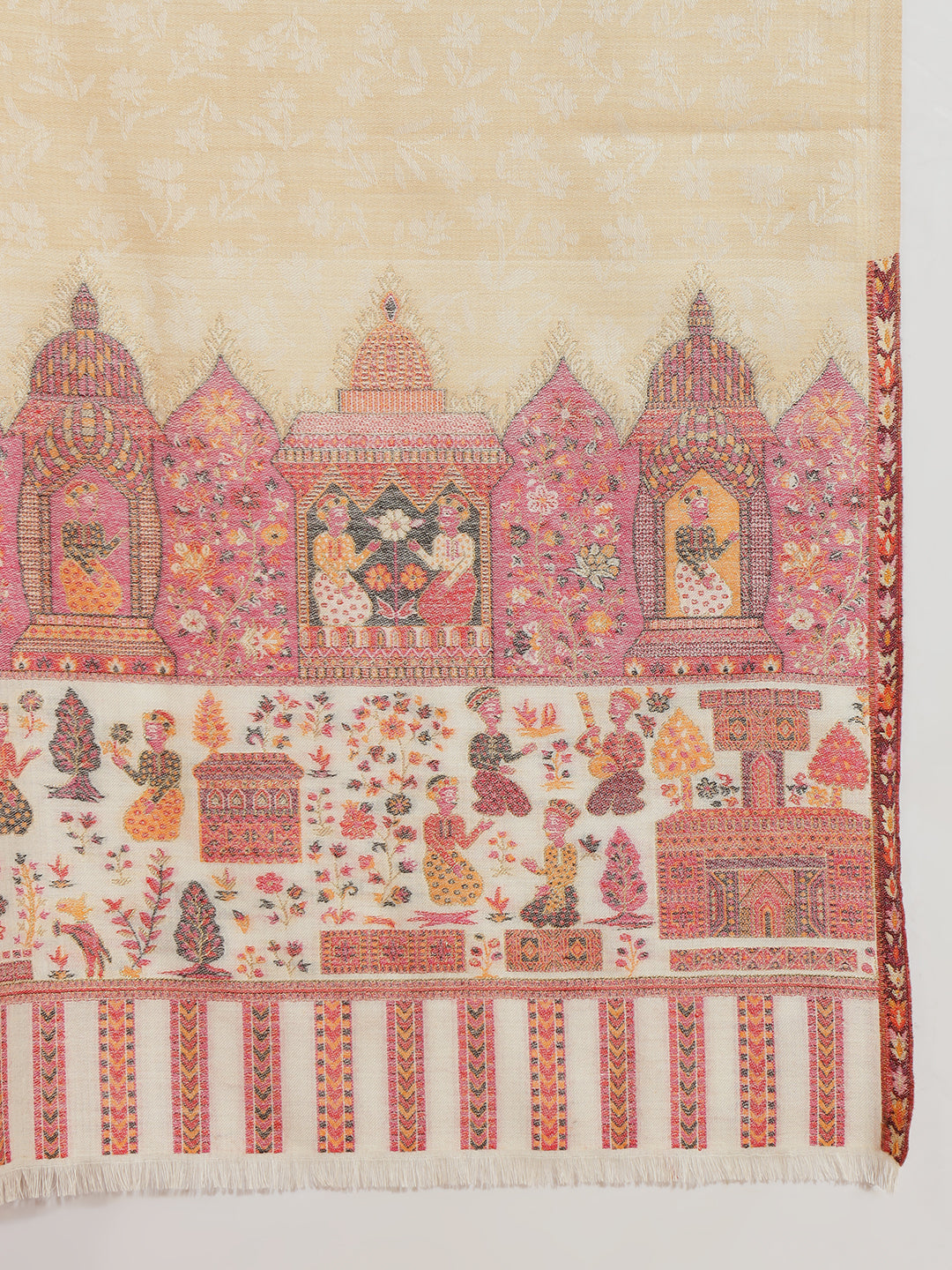 Kani Weave Pure Wool Shawl with Royal Darbar Motifs Borders | Off White