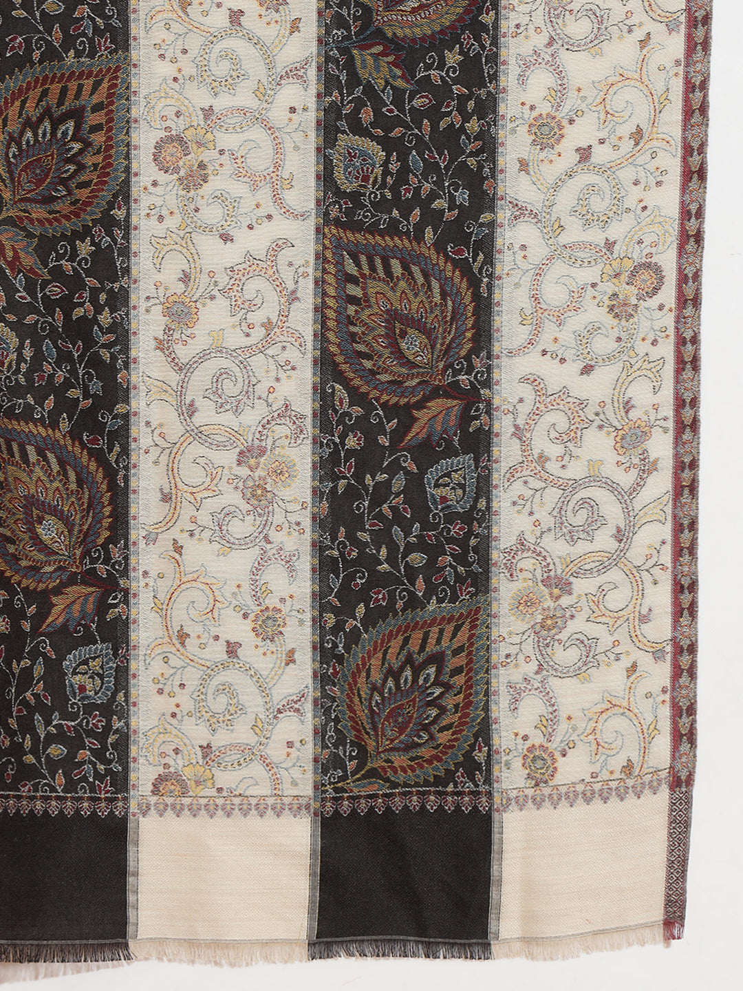 Two Tone Kani Weave Floral Motif Pure Wool Shawl For Women | Black Beige