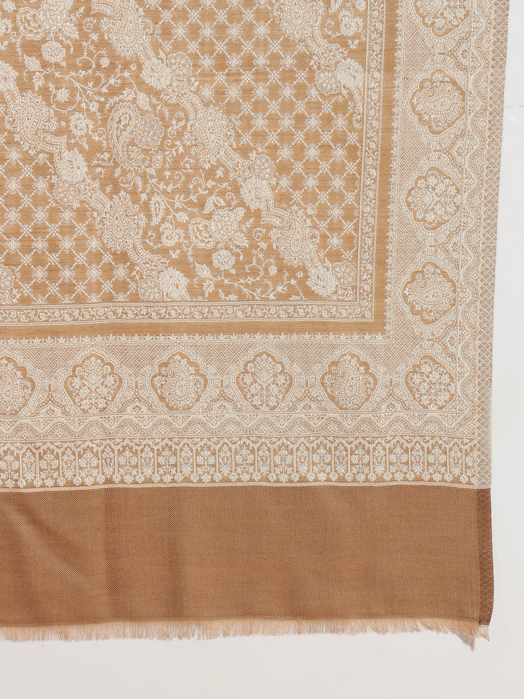 Jacquard Woven Kani Shawl with Fine Floral Motifs | Brown