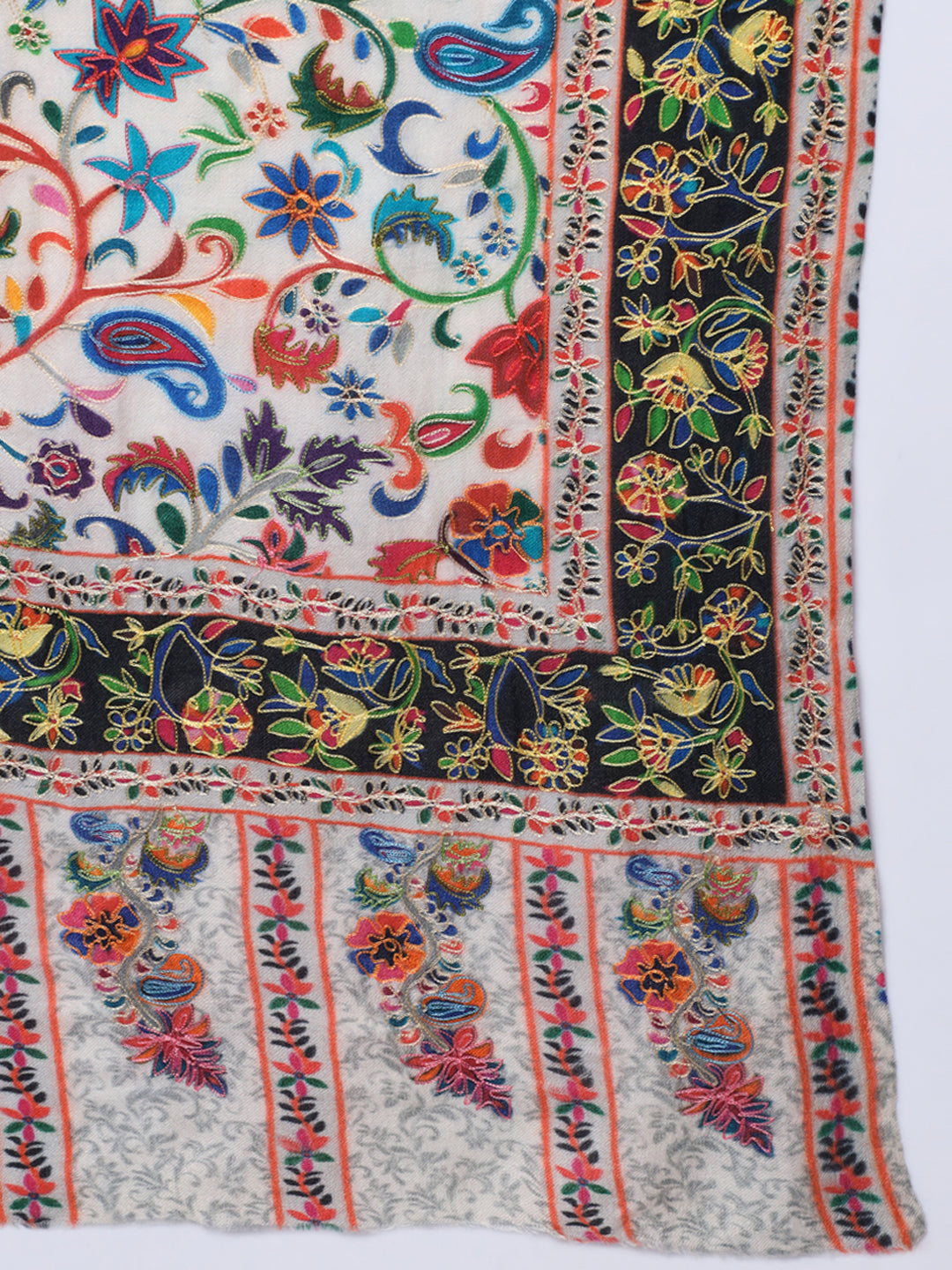 Women Kalamkari Hand Embroidered Pure Wool Winter Shawl | Off White