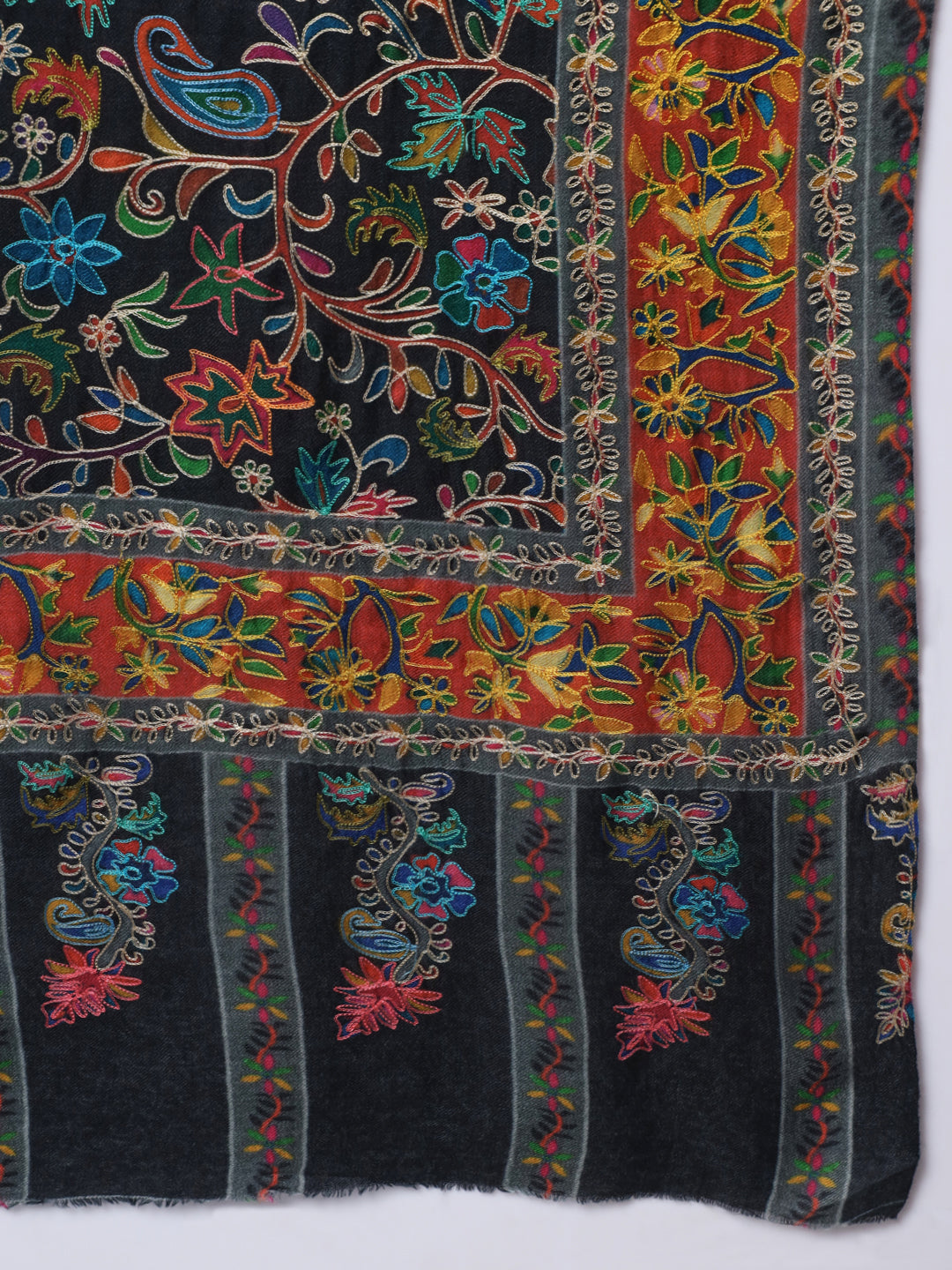 Women Kalamkari Hand Embroidered Pure Wool Winter Shawl | Black