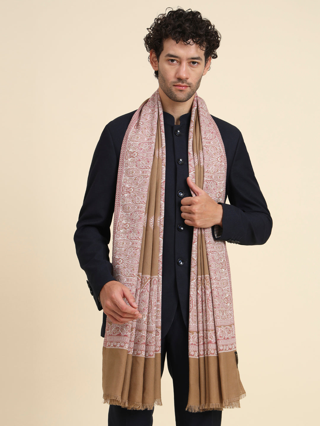 Woven Shawl for Men with Daur Border in Woollen Kashmiri Design | Brown
