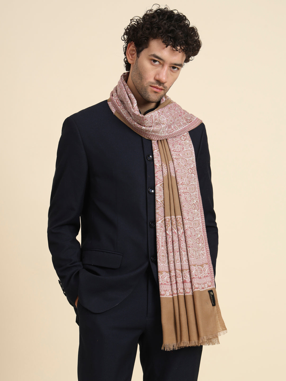Woven Shawl for Men with Daur Border in Woollen Kashmiri Design | Brown