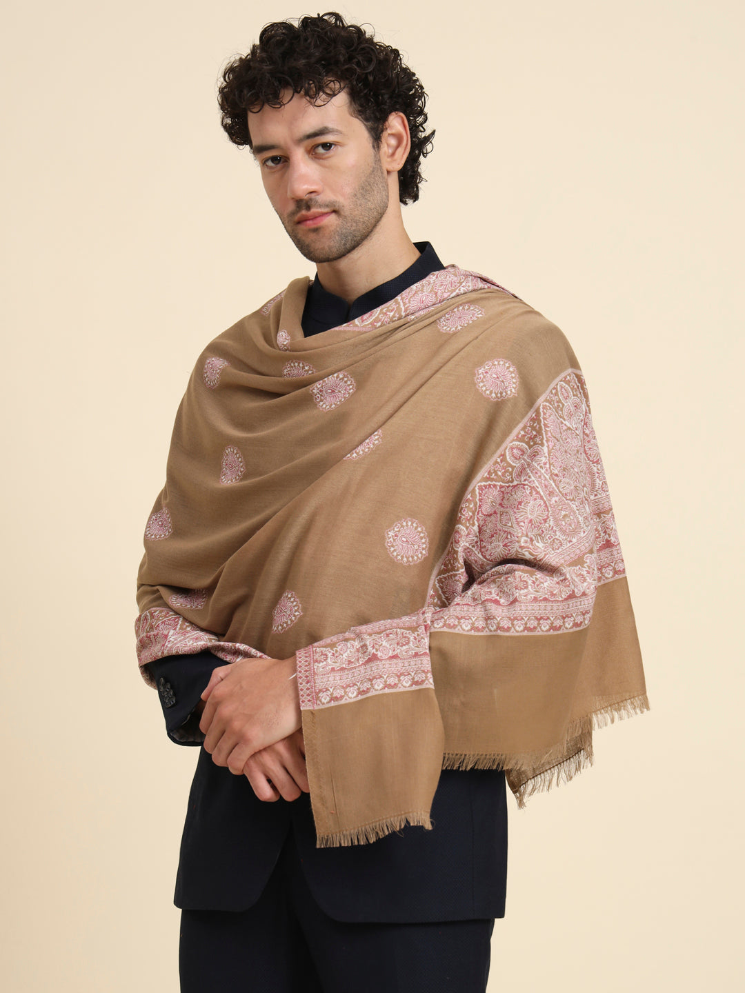 Woven Shawl for Men with Daur Border in Woollen Kashmiri Design | Brown