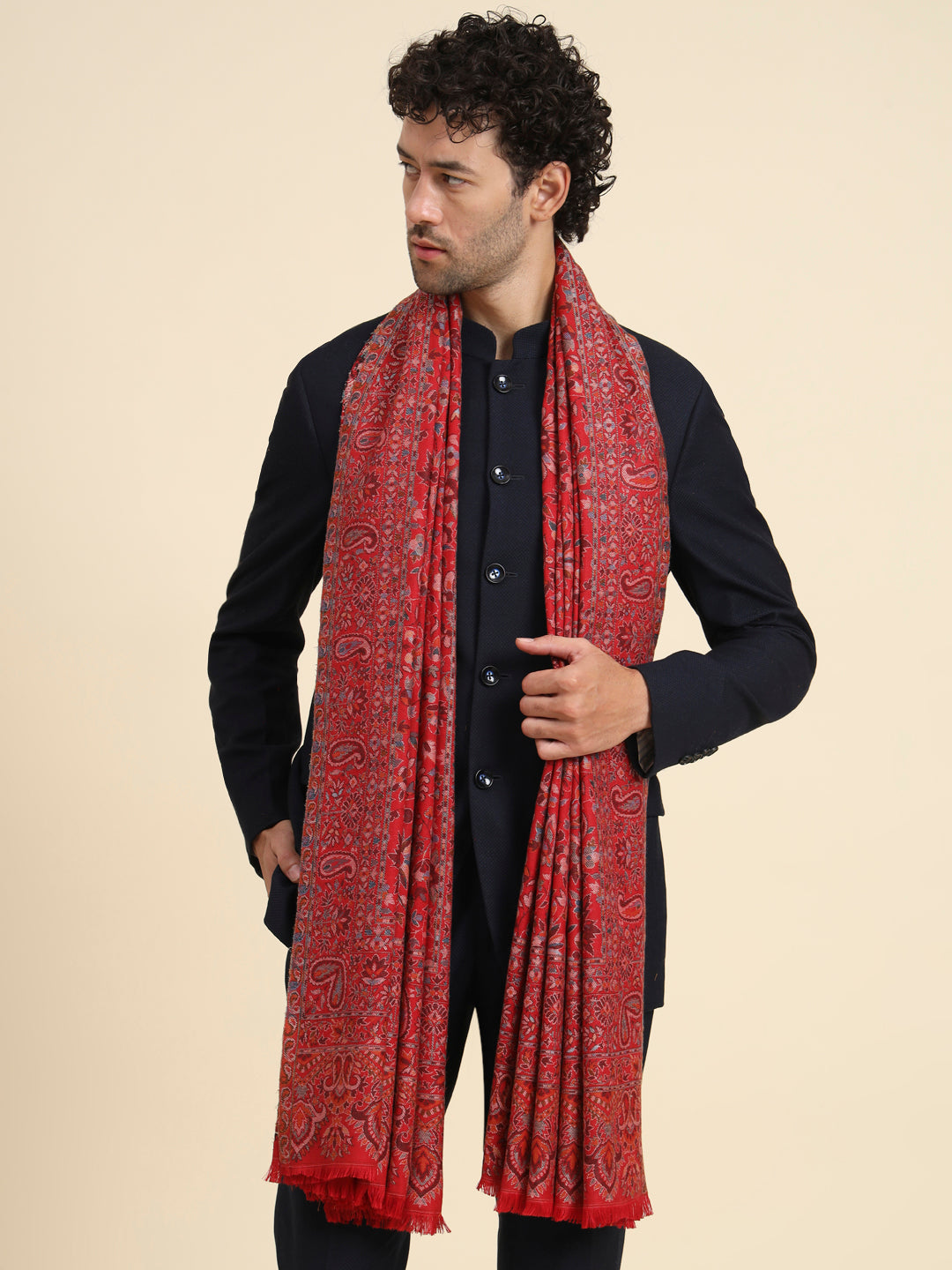 Kani Weave Woven Shawl for Men in Cutting with Floral Patterns | Maroon