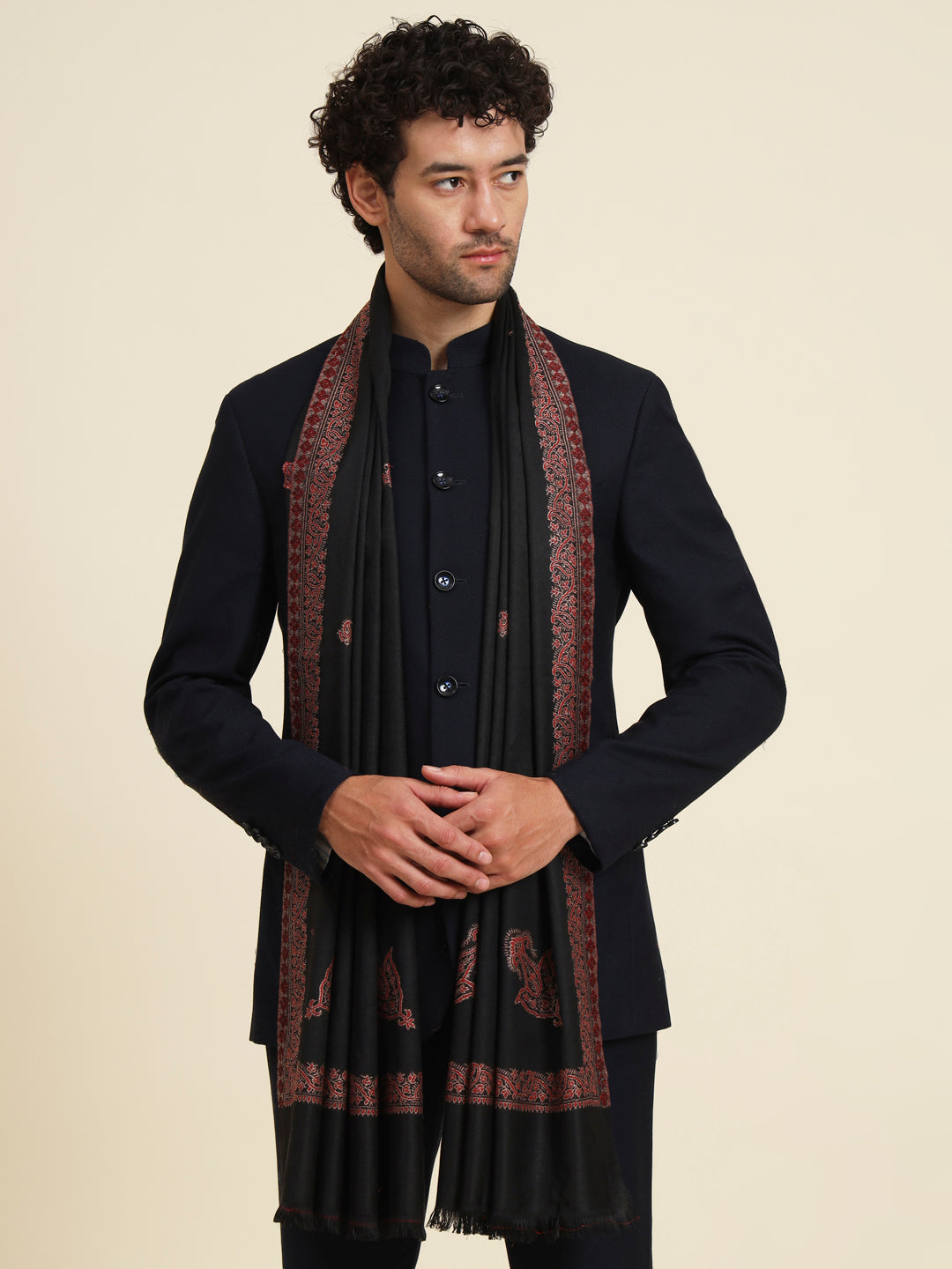 Woven Stole for Men with Daur Border in Kashmiri Design | Black