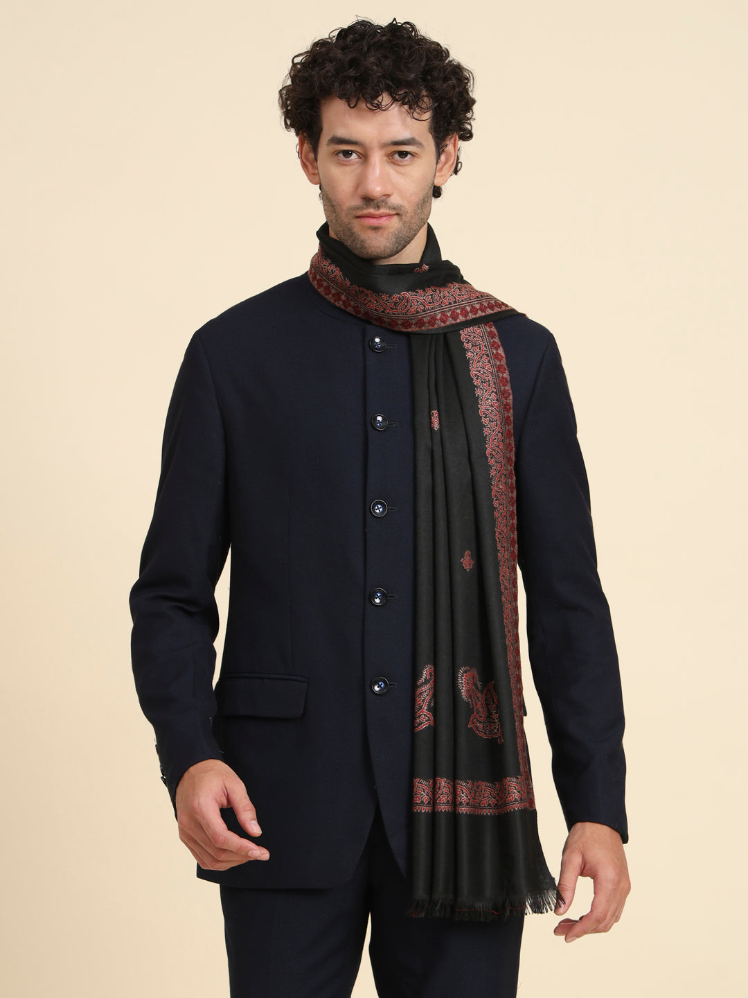 Woven Stole for Men with Daur Border in Kashmiri Design | Black