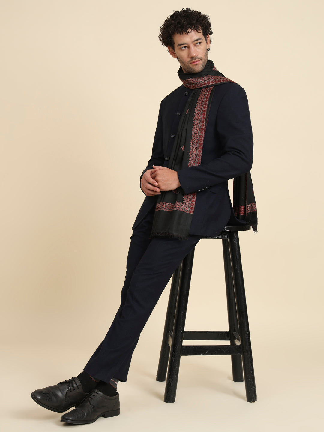 Woven Stole for Men with Daur Border in Kashmiri Design | Black