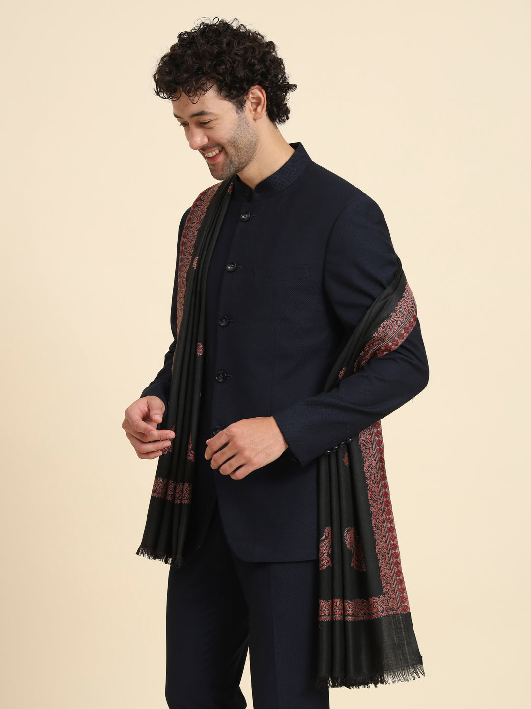 Woven Stole for Men with Daur Border in Kashmiri Design | Black