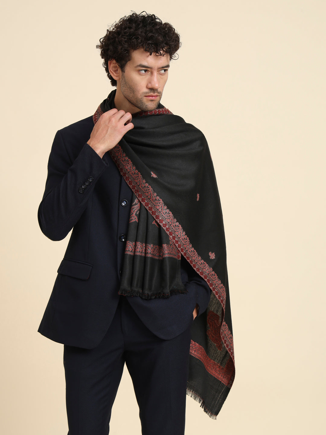 Woven Stole for Men with Daur Border in Kashmiri Design | Black