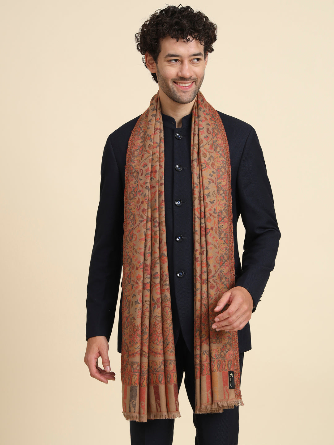 Kani Weave Woven Stole for Men in Paisley Jaal Patterns | Brown