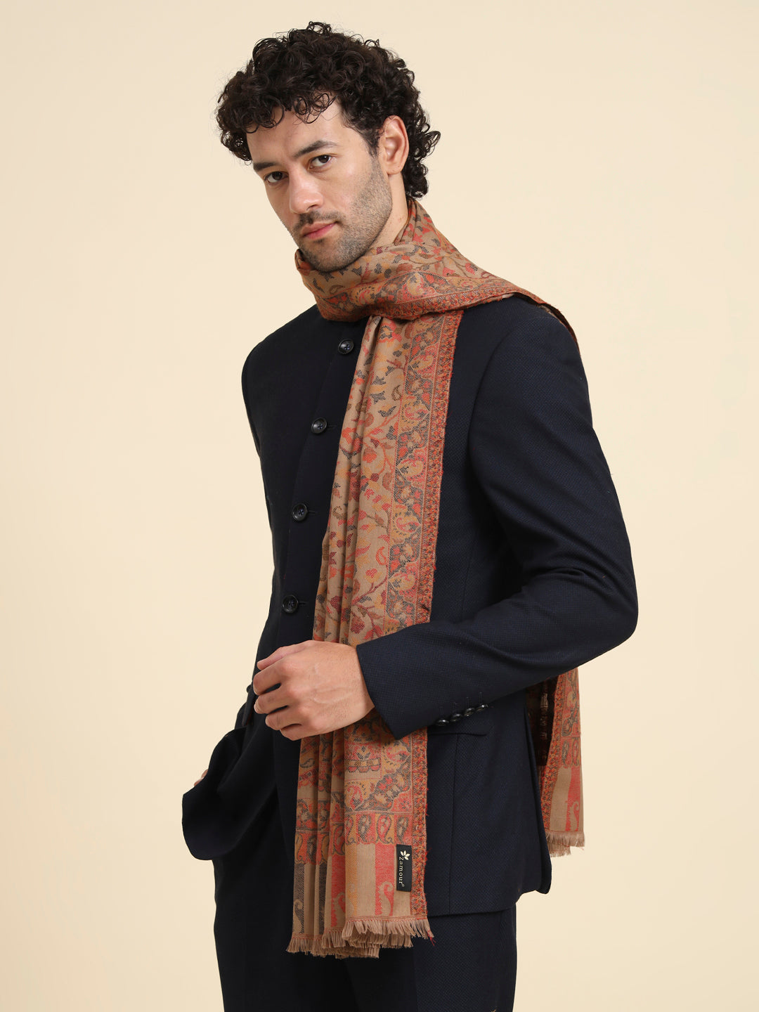 Kani Weave Woven Stole for Men in Paisley Jaal Patterns | Brown