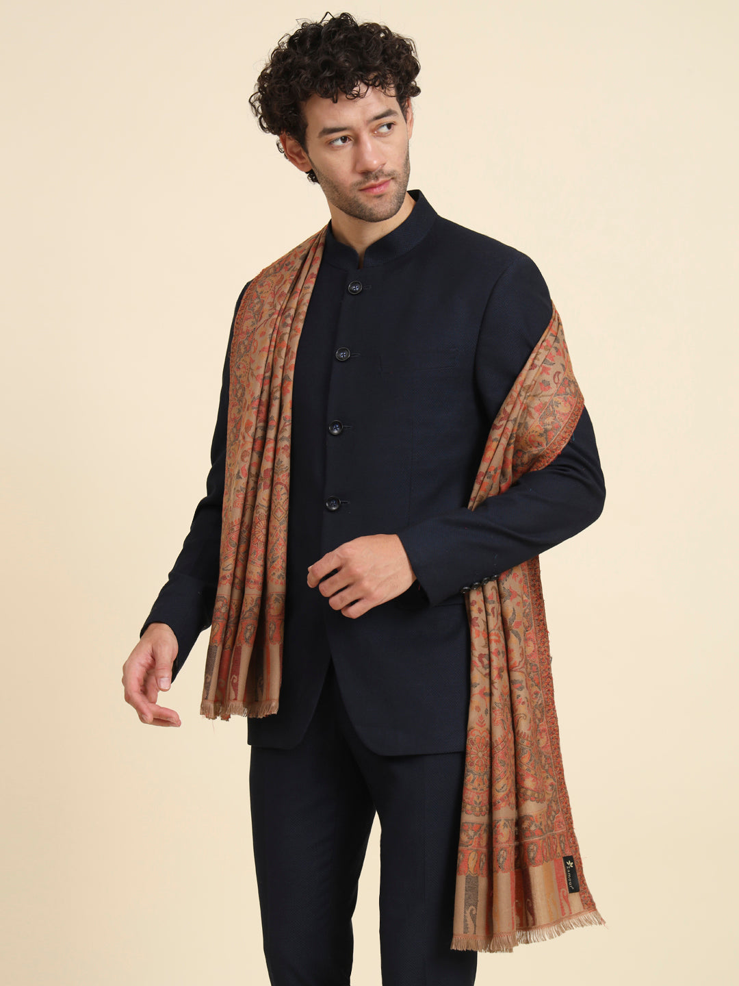 Kani Weave Woven Stole for Men in Paisley Jaal Patterns | Brown