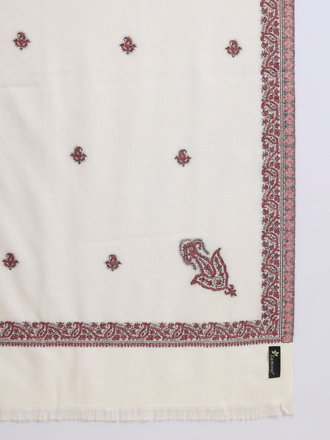 Woven Stole for Men with Daur Border in Kashmiri Design | White