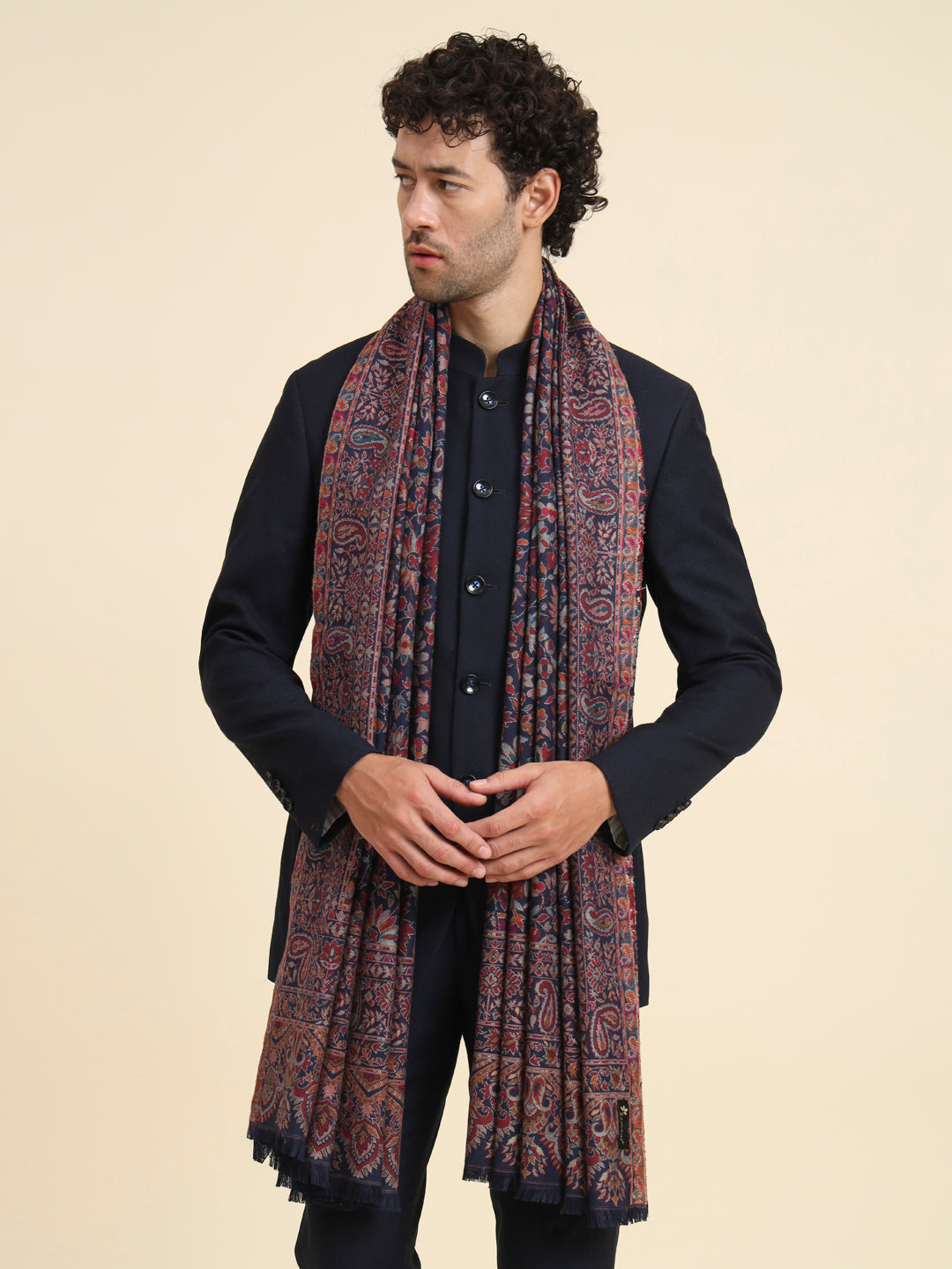Kani Weave Woven Shawl for Men in Cutting with Floral Patterns | Blue