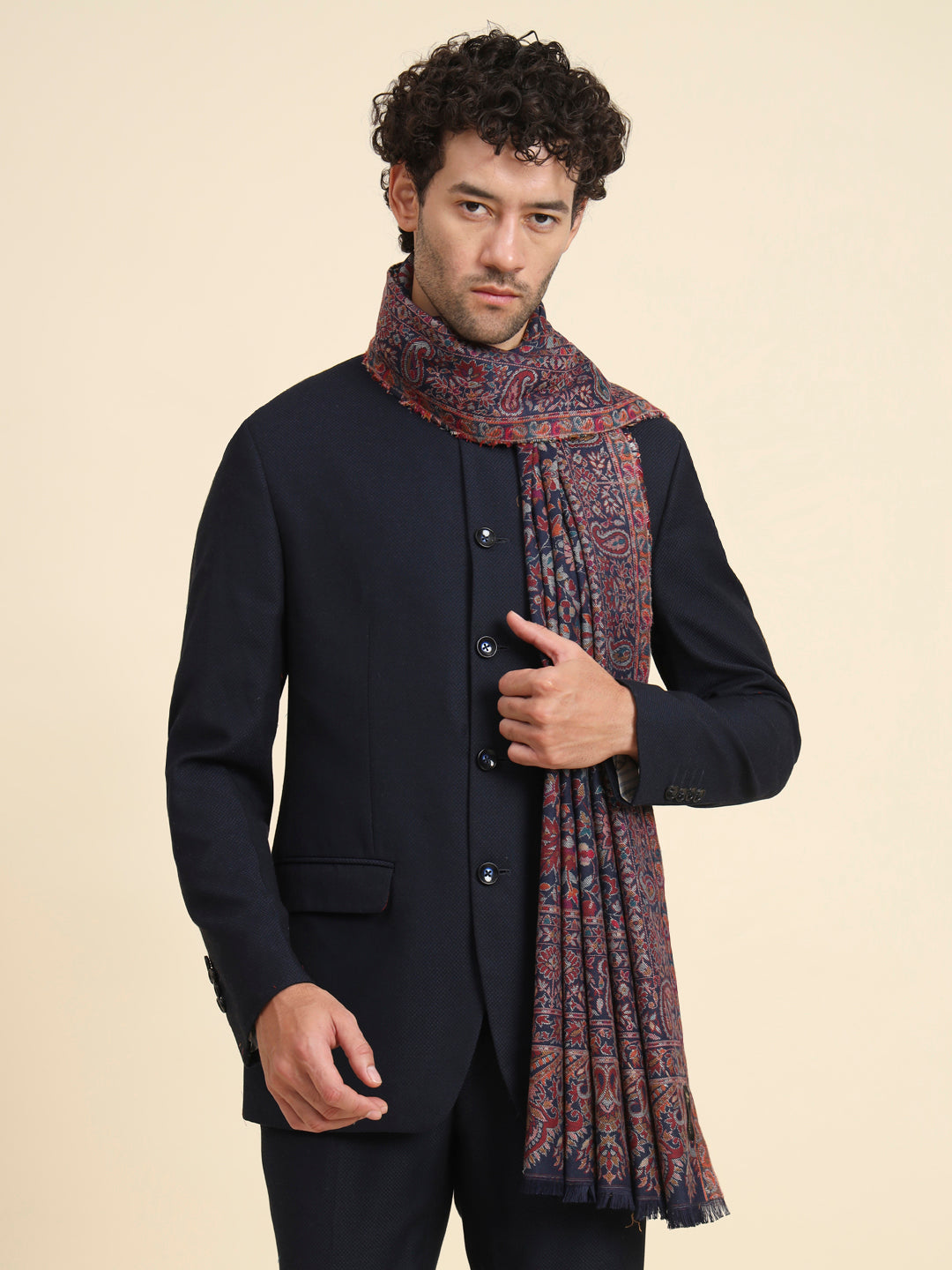 Kani Weave Woven Shawl for Men in Cutting with Floral Patterns | Blue