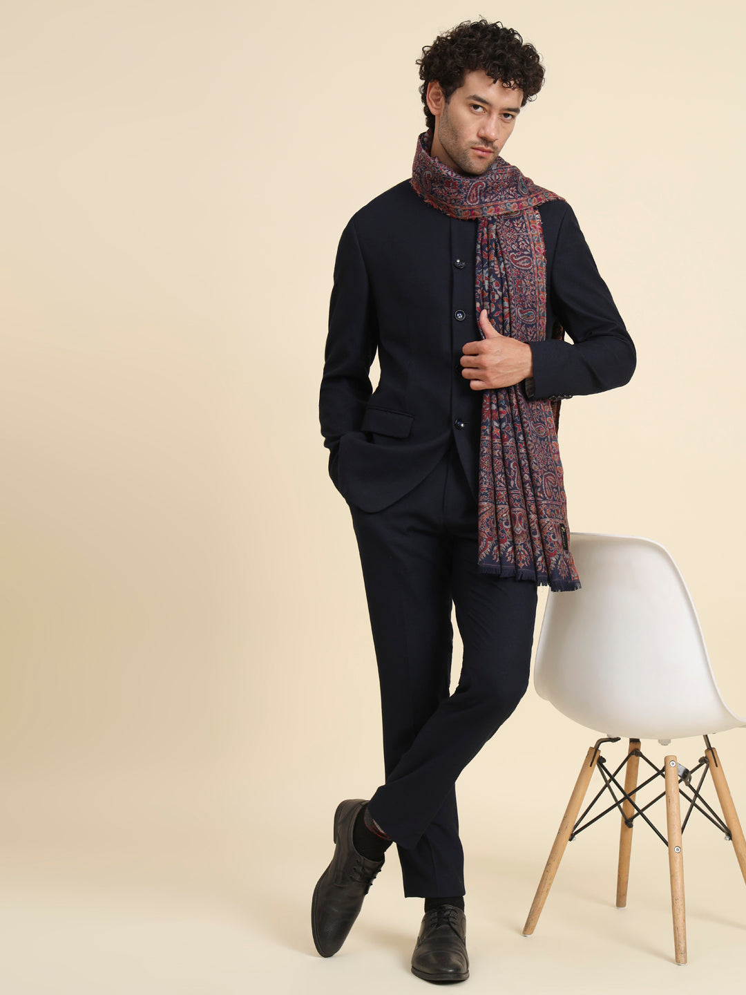 Kani Weave Woven Shawl for Men in Cutting with Floral Patterns | Blue