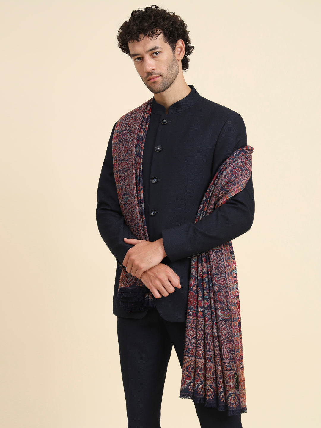 Kani Weave Woven Shawl for Men in Cutting with Floral Patterns | Blue
